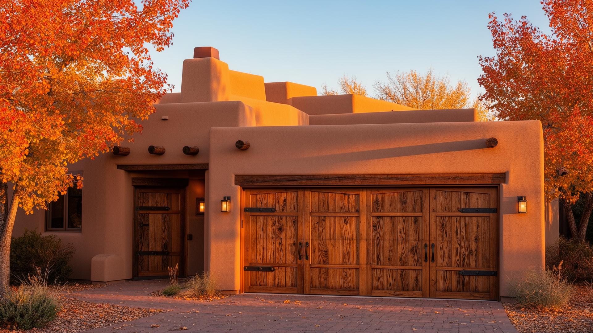 Beautiful rustic wood grain garage door with iron strap hinges on Southwest adobe home