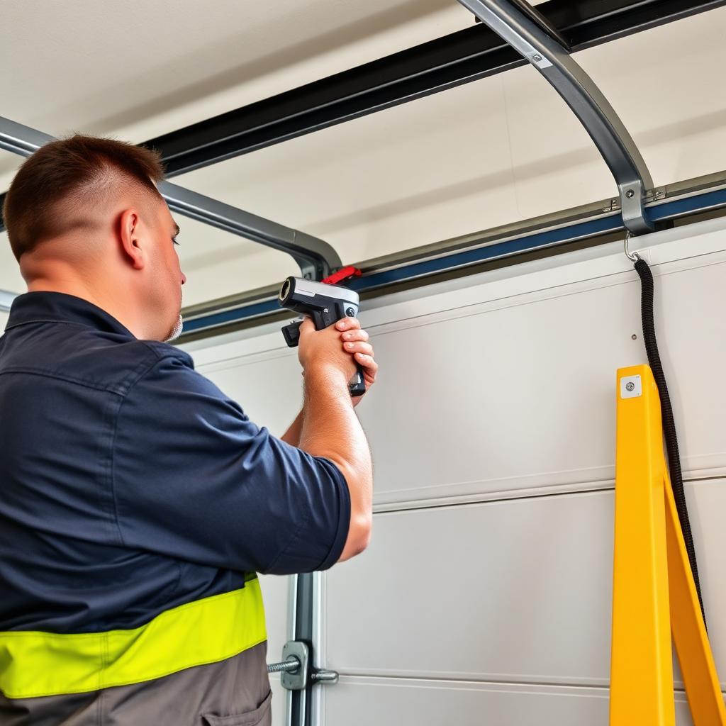Professional technician performing garage door balance testing